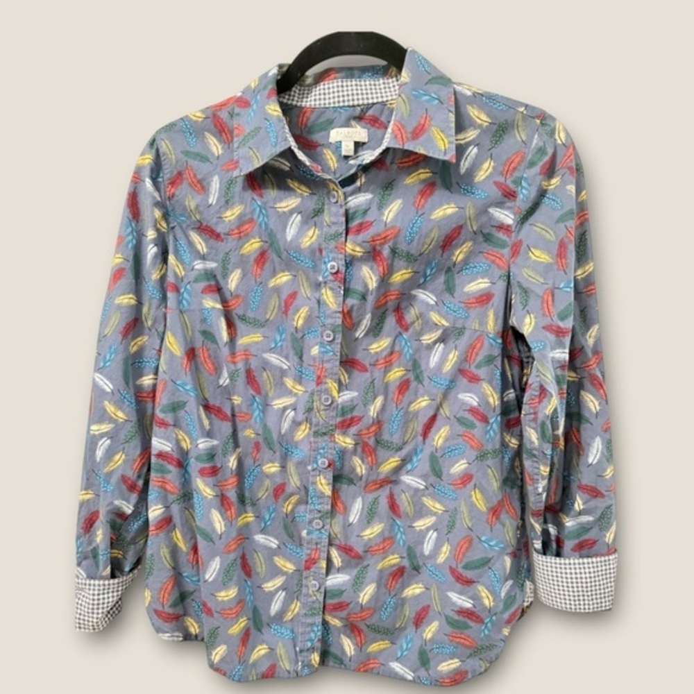 Talbots Feather Print Button Down Sz S Petite Vibrant Pattern Preppy Women's CJ